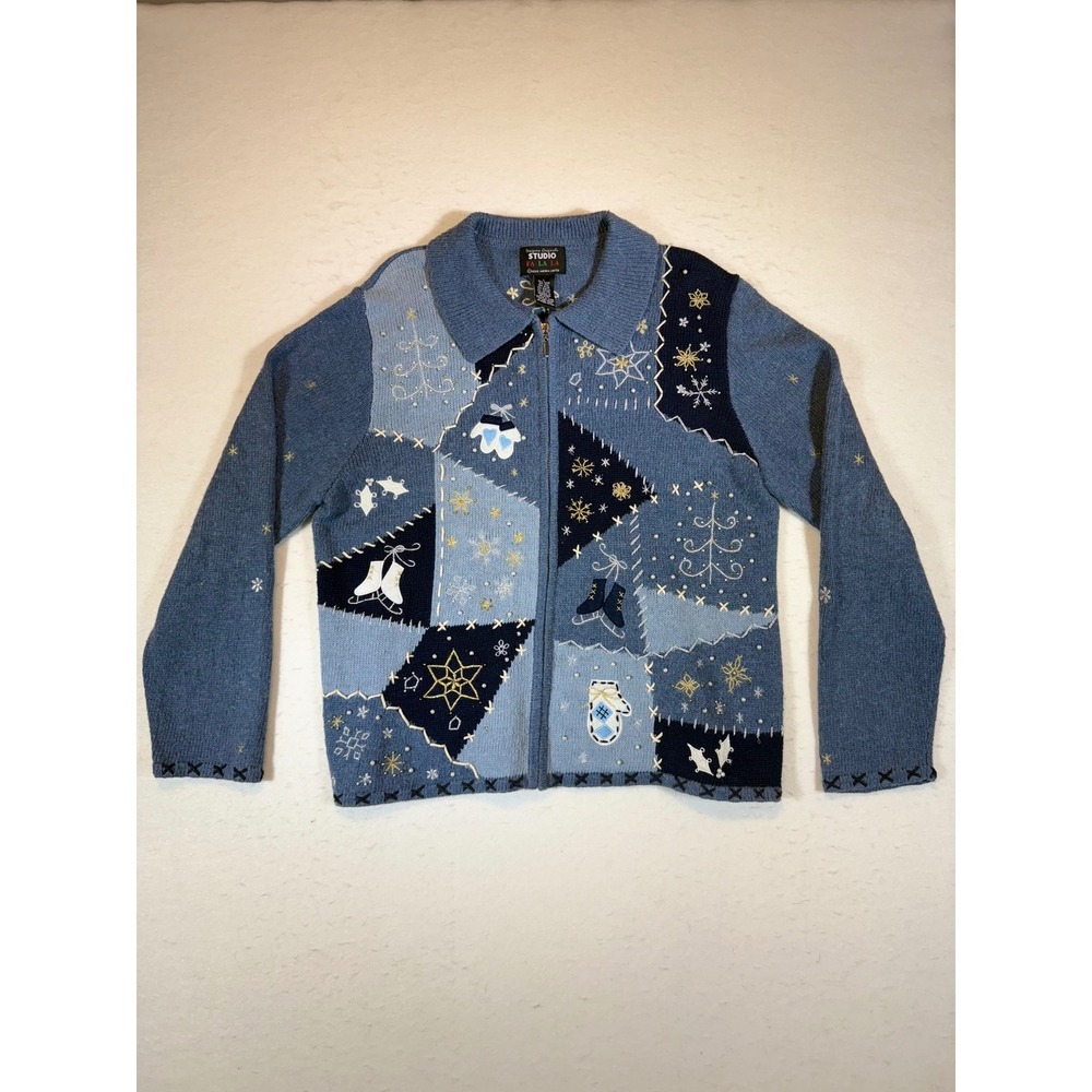 Studio La La Winter Patchwork Zip Up Sweater Women Blue Ice Skates Snowflakes